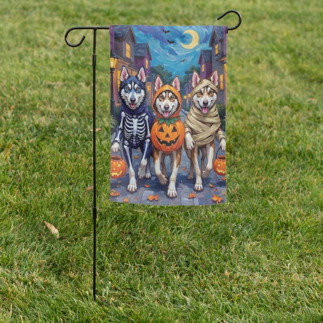 Siberian Husky Trick-or-Treating Halloween Costume Garden Flag (In SItu)