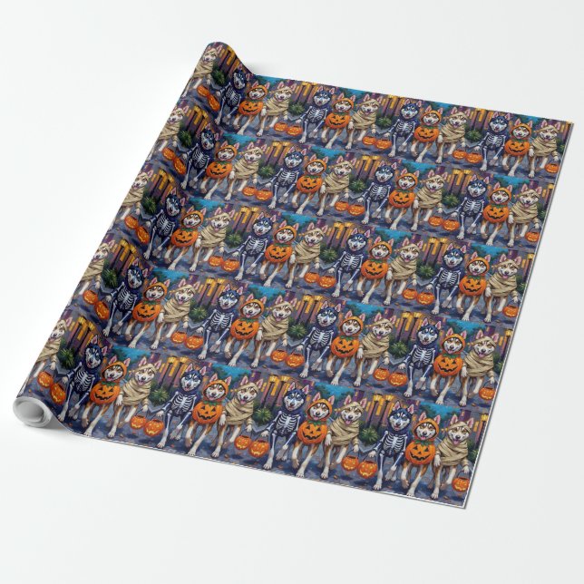 Siberian Husky Trick-or-Treating Halloween Costume Wrapping Paper (Unrolled)