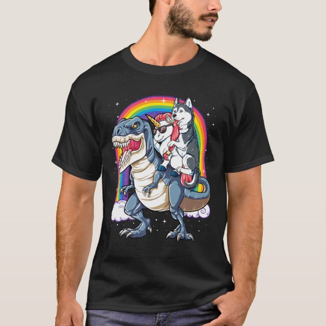 Siberian Husky Unicorn Dinosaur T rex Funny Rainbo T-Shirt (Front)