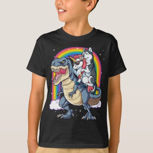 Siberian Husky Unicorn Riding Dinosaur T rex Gift  T_Shirt