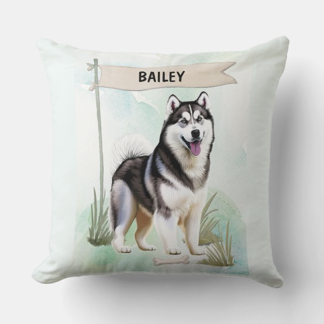 Siberian Husky Watercolor Personalized Dog Throw Pillow (Front)