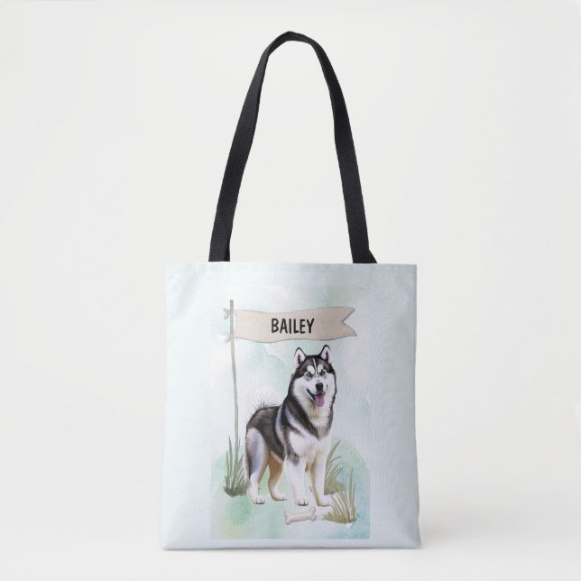 Siberian Husky Watercolor Personalized Dog Tote Bag (Front)