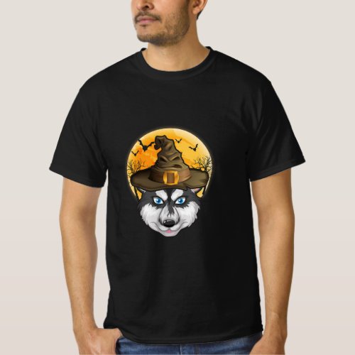 Siberian Husky Witch Hat With Moon Halloween Dog  T_Shirt