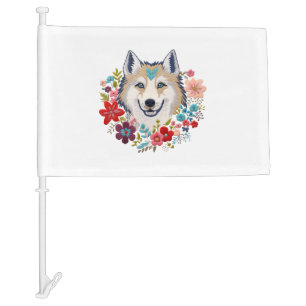 Siberian Husky with flowers floral Embroidery vint Car Flag