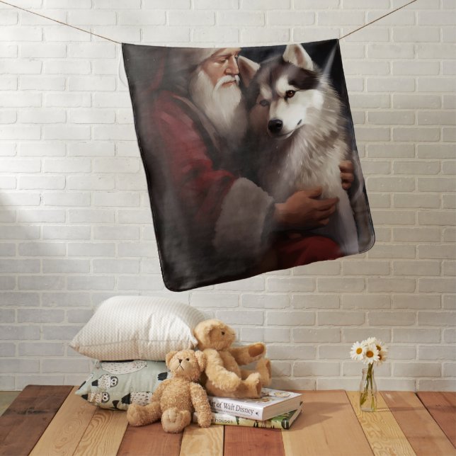 Siberian Husky With Santa Claus Festive Christmas Baby Blanket (In Situ)