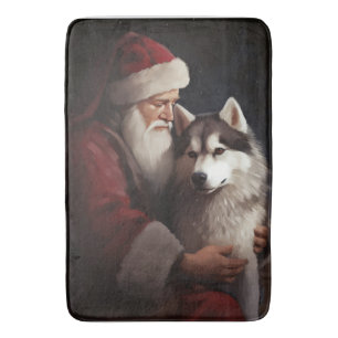 Siberian Husky With Santa Claus Festive Christmas Bath Mat