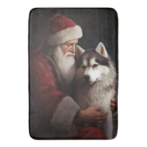 Siberian Husky With Santa Claus Festive Christmas Bath Mat