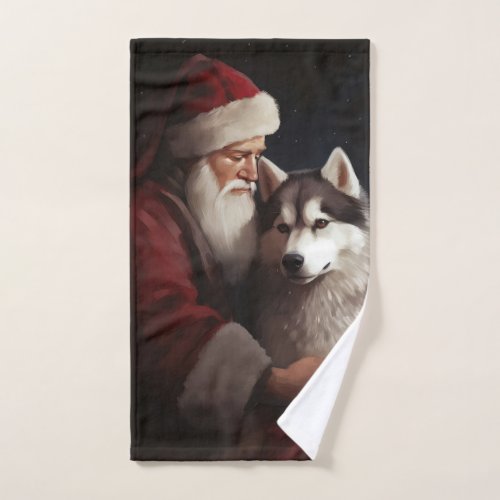 Siberian Husky With Santa Claus Festive Christmas Bath Towel Set