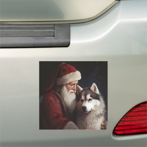 Siberian Husky With Santa Claus Festive Christmas Car Magnet