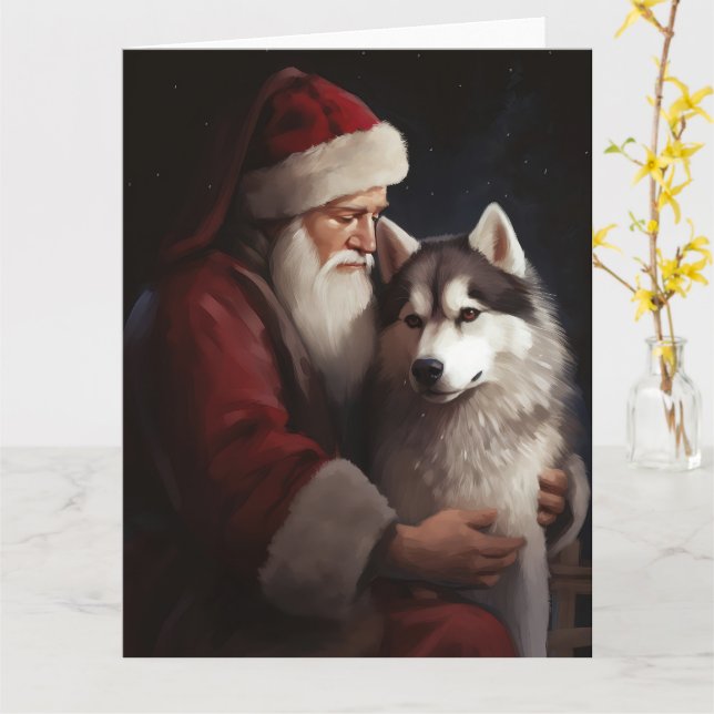 Siberian Husky With Santa Claus Festive Christmas Card (Yellow Flower)