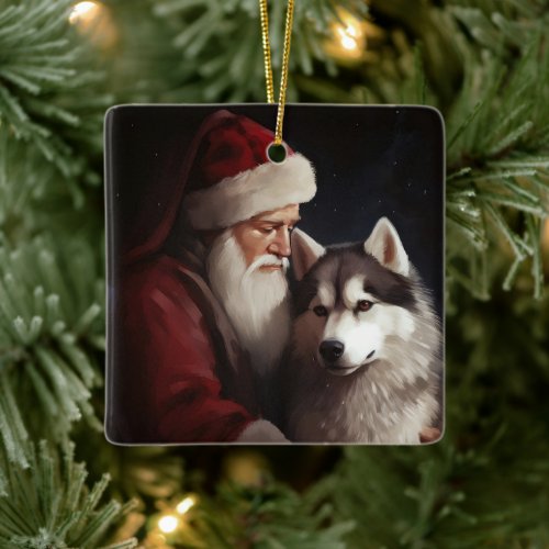 Siberian Husky With Santa Claus Festive Christmas Ceramic Ornament
