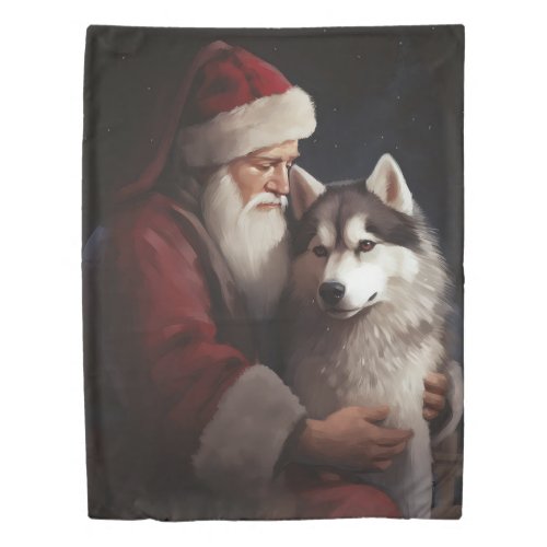 Siberian Husky With Santa Claus Festive Christmas Duvet Cover