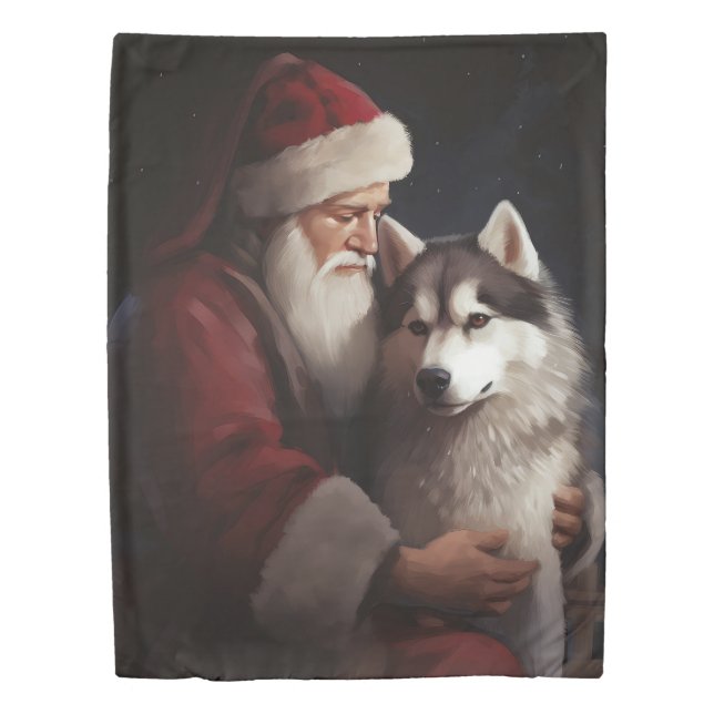 Siberian Husky With Santa Claus Festive Christmas Duvet Cover (Front)