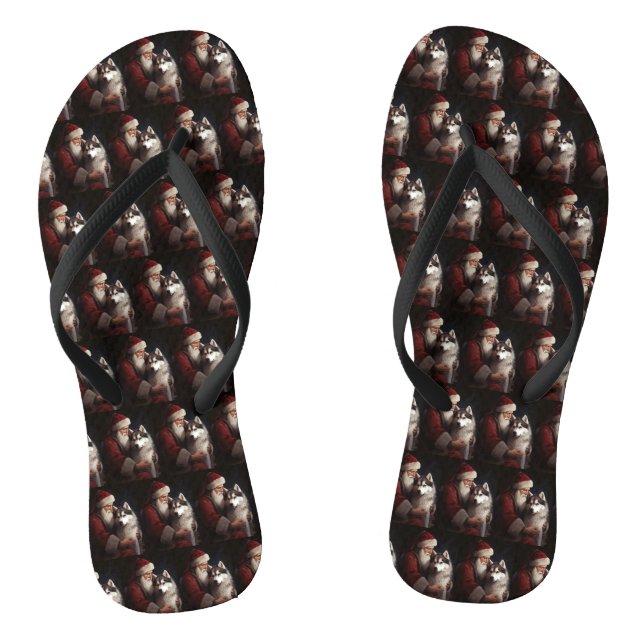 Siberian Husky With Santa Claus Festive Christmas Flip Flops (Footbed)