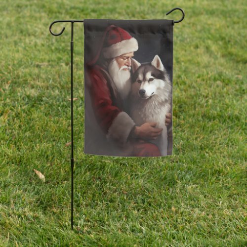 Siberian Husky With Santa Claus Festive Christmas Garden Flag