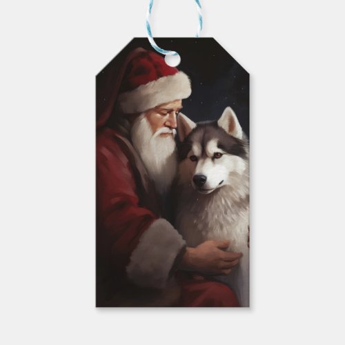 Siberian Husky With Santa Claus Festive Christmas Gift Tags