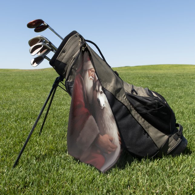 Siberian Husky With Santa Claus Festive Christmas Golf Towel (Green)