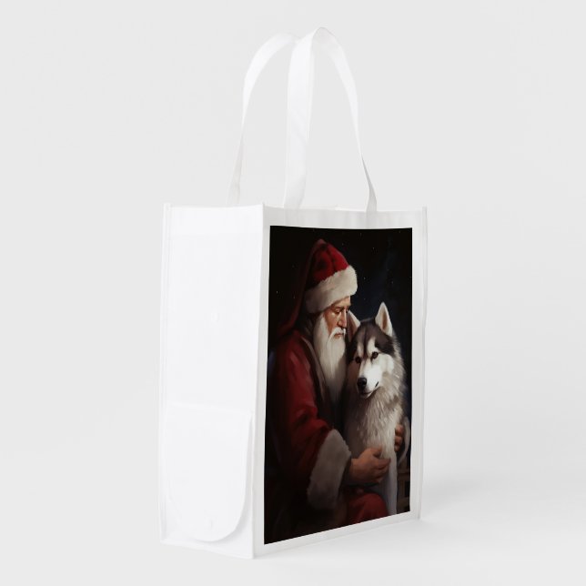 Siberian Husky With Santa Claus Festive Christmas Grocery Bag (Front Side)