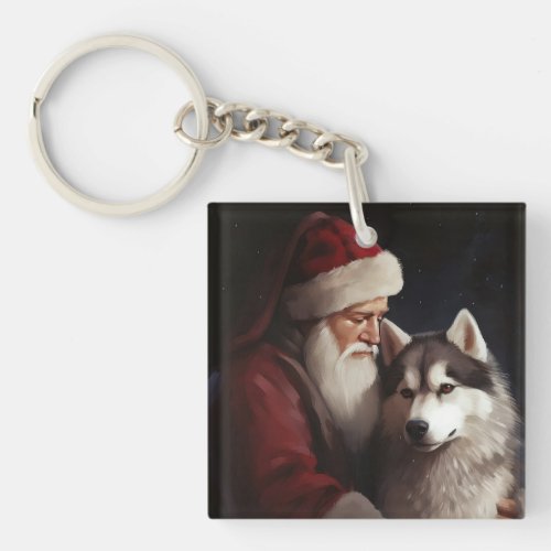 Siberian Husky With Santa Claus Festive Christmas Keychain