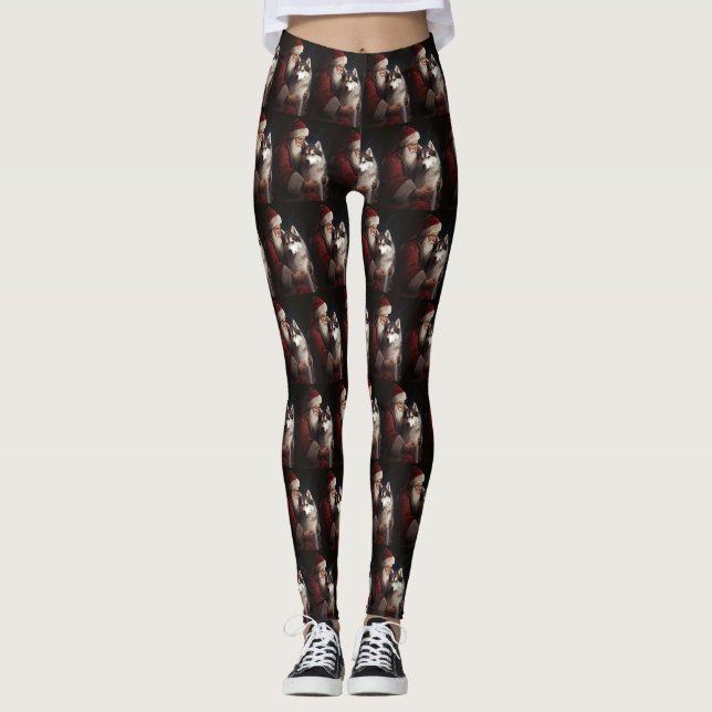 Siberian Husky With Santa Claus Festive Christmas Leggings (Front)