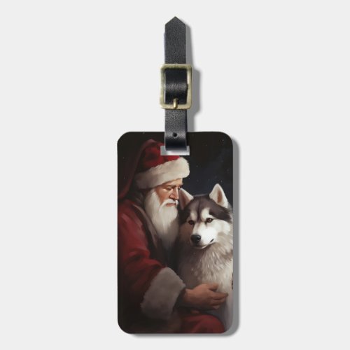 Siberian Husky With Santa Claus Festive Christmas Luggage Tag