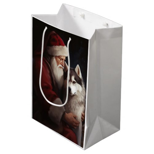 Siberian Husky With Santa Claus Festive Christmas Medium Gift Bag