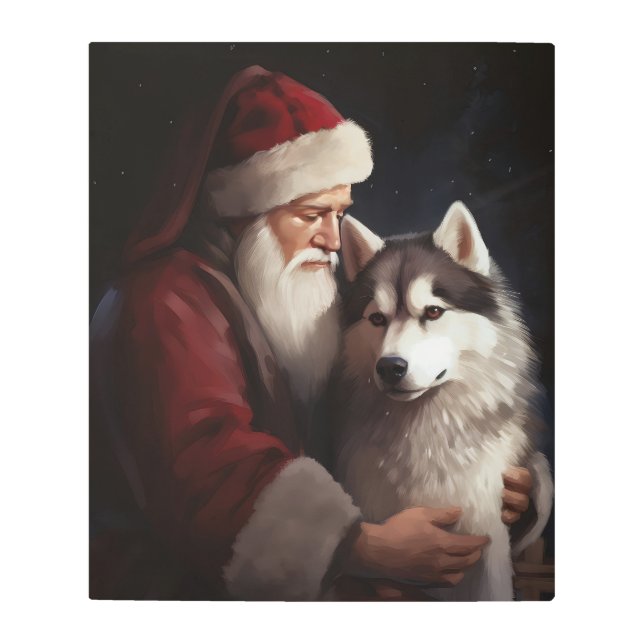 Siberian Husky With Santa Claus Festive Christmas Metal Print (Front)