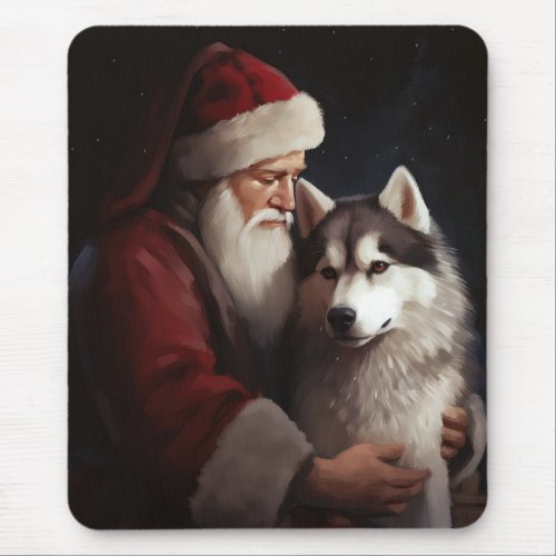 Siberian Husky With Santa Claus Festive Christmas Mouse Pad