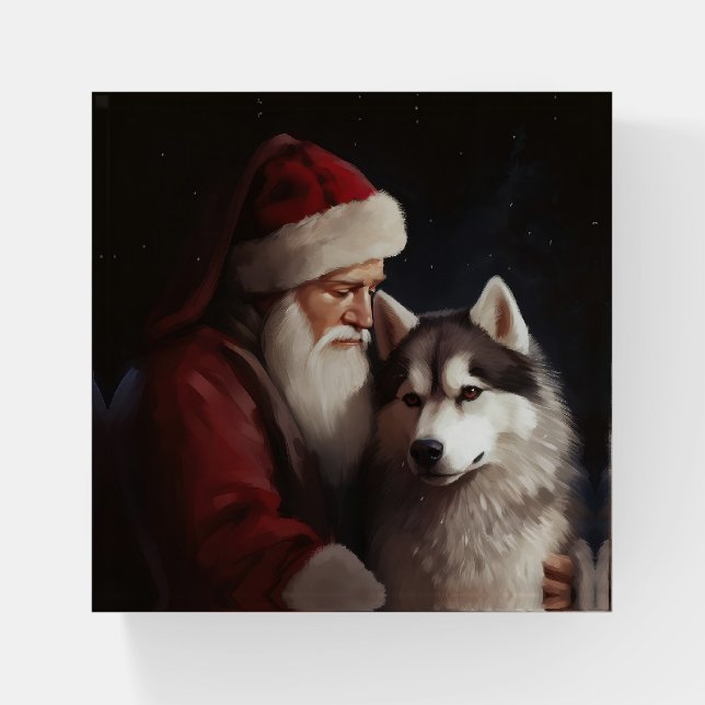 Siberian Husky With Santa Claus Festive Christmas Paperweight (Front)