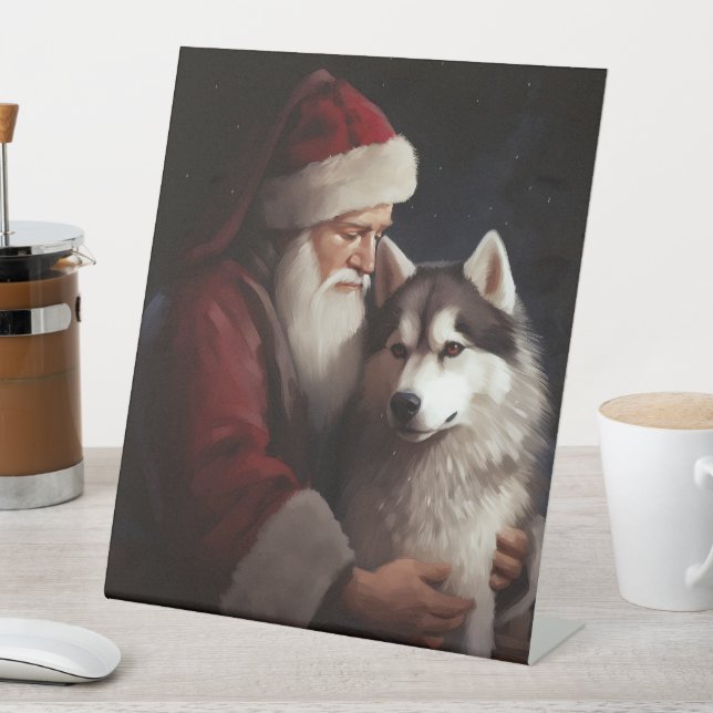 Siberian Husky With Santa Claus Festive Christmas Pedestal Sign (In SItu)