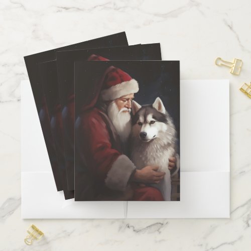 Siberian Husky With Santa Claus Festive Christmas Pocket Folder