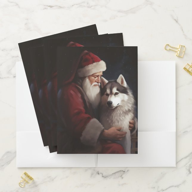 Siberian Husky With Santa Claus Festive Christmas Pocket Folder (In Situ)