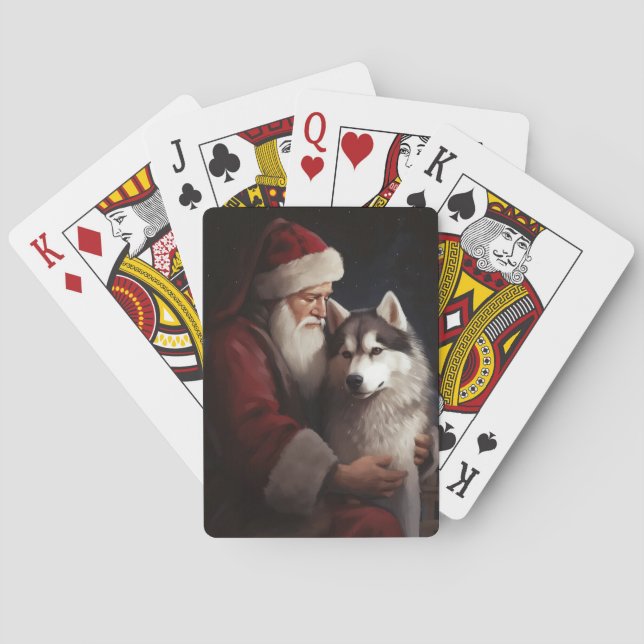 Siberian Husky With Santa Claus Festive Christmas Poker Cards (Back)