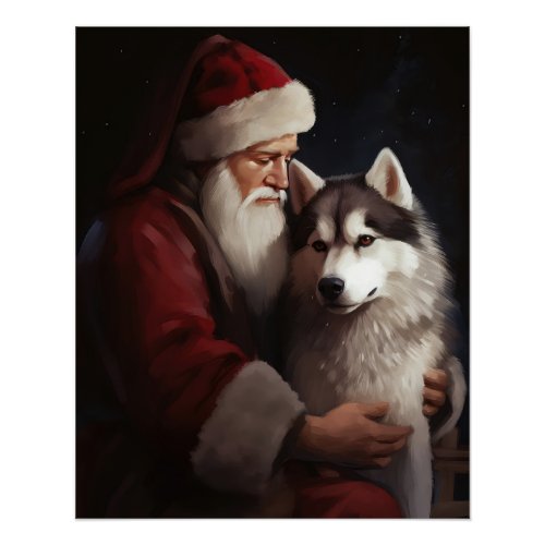 Siberian Husky With Santa Claus Festive Christmas Poster