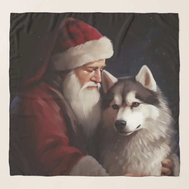Siberian Husky With Santa Claus Festive Christmas Scarf (Front)