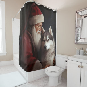 Siberian Husky With Santa Claus Festive Christmas Shower Curtain