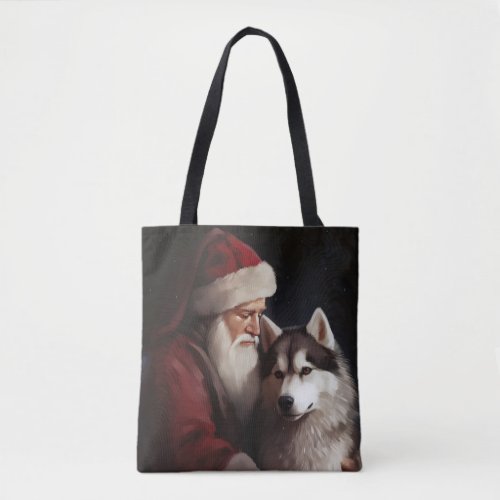 Siberian Husky With Santa Claus Festive Christmas Tote Bag