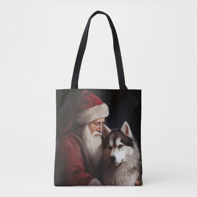 Siberian Husky With Santa Claus Festive Christmas Tote Bag (Front)