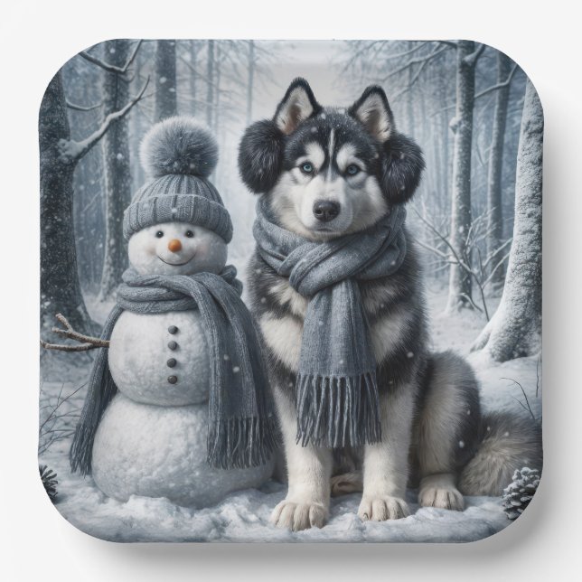 Siberian Husky With Snowman Paper Plates (Front)