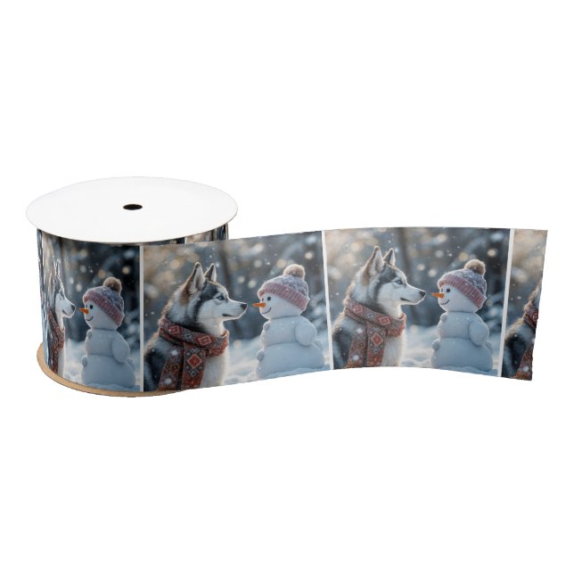 Siberian Husky With Snowman Satin Ribbon (Spool)