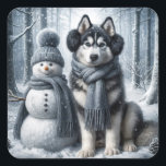 Siberian Husky With Snowman Square Sticker<br><div class="desc">A fluffy Siberian Husky wearing a scarf and earmuffs sits beside a cheerful snowman adorned with a hat and scarf</div>