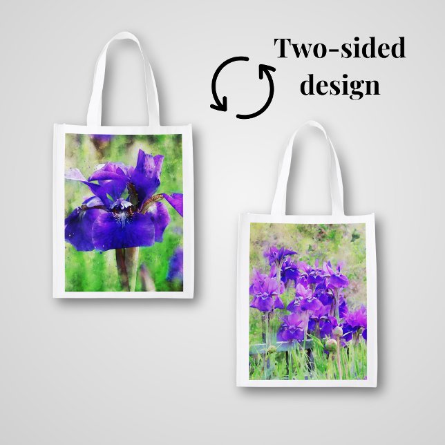 Siberian Iris and Budding Peonies Purple and Green Grocery Bag (Siberian Iris in deep purple with bright green spring grass makes a beautiful reusable grocery bag.)