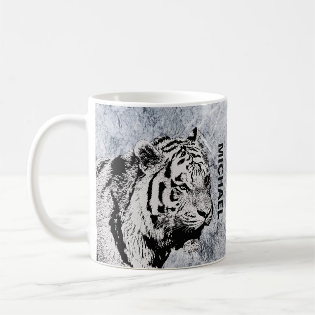 Siberian Tiger gray white marble monogram name Coffee Mug (Left)