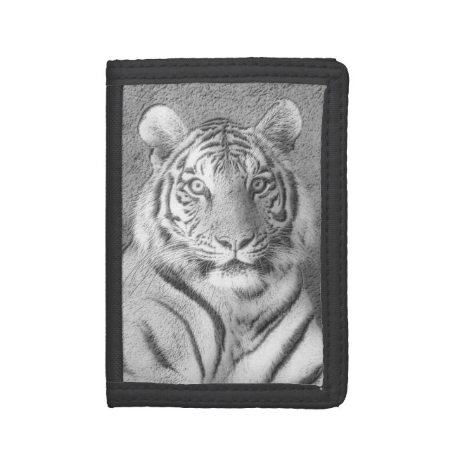 Siberian Tiger Portrait in Black and White Tri-fold Wallet (Front Vertical)