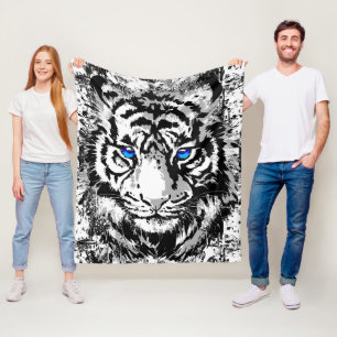 Siberian White Tiger Head - Tiger Blue Eyes Fleece Blanket