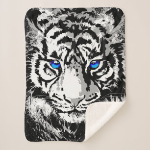 Siberian White Tiger Head - Tiger Blue Eyes Sherpa Blanket