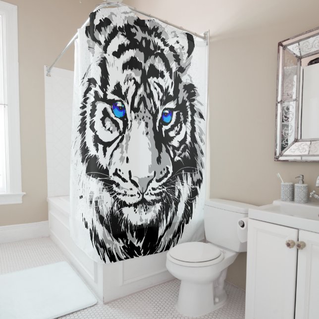 Siberian White Tiger Head - Tiger Blue Eyes Shower Curtain (In Situ)