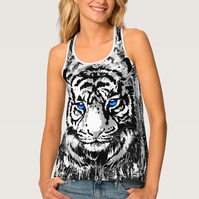 Siberian White Tiger Head - Tiger Blue Eyes Tank T Top (Front)