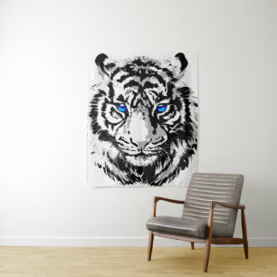 Siberian White Tiger Head - Tiger Blue Eyes Tapestry