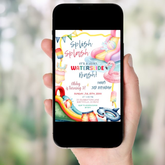 Sibling Backyard Waterslide Birthday Bash Invitation (Front Digital)